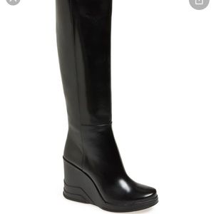 Prada leather knee high wedge boots